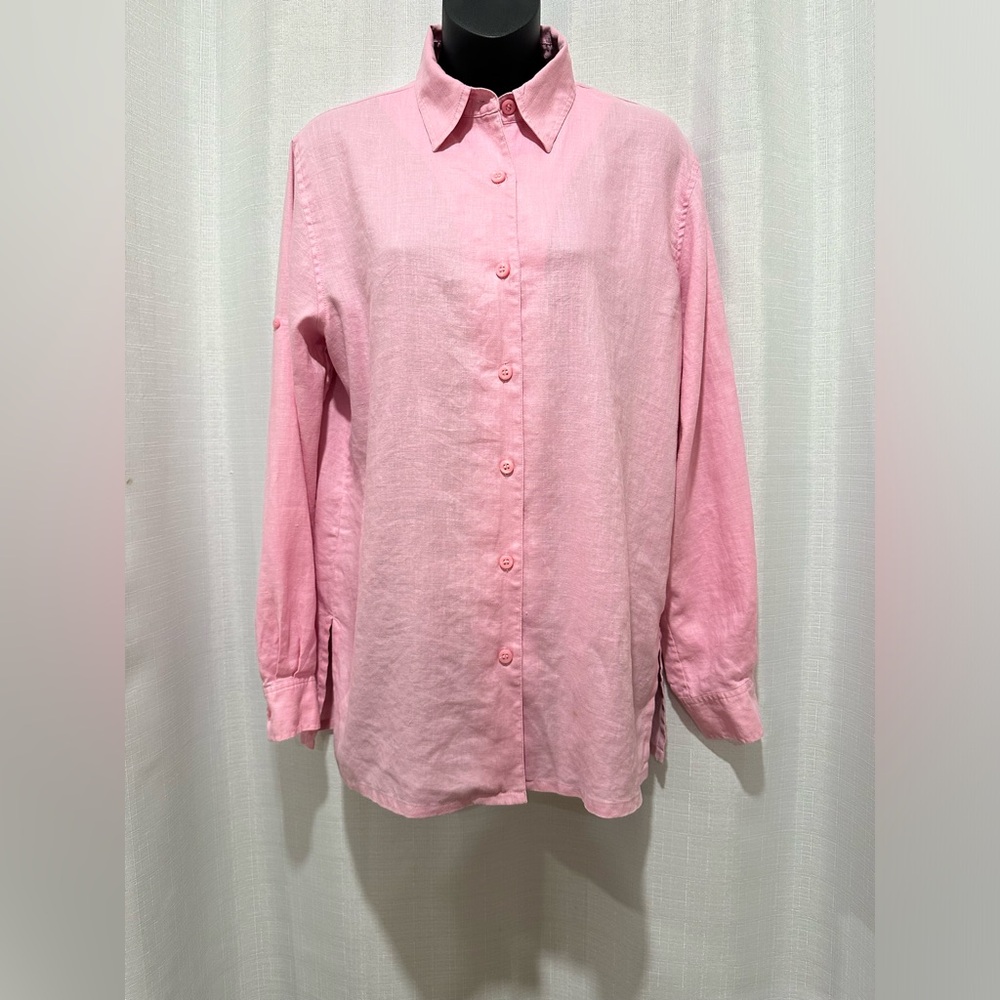 Jones New York Sport Size S 100% linen Pink roll-tab sleeve button front shirt